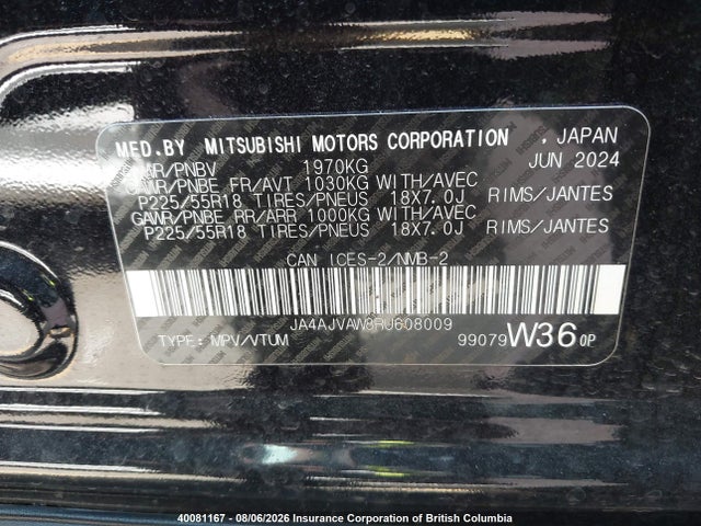 2024 Mitsubishi Rvr Se/sel/noir/gt მანქანა იყიდება აუქციონზე, vin: JA4AJVAW8RU608009, აუქციონის ნომერი: 40081167