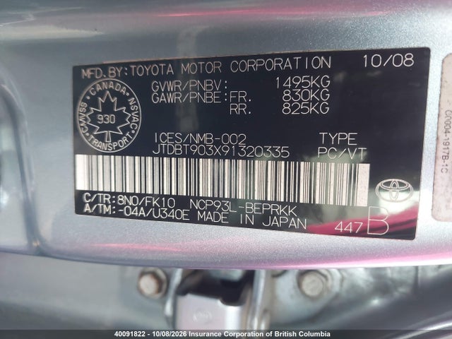 40091822 :رقم المزاد ، JTDBT903X91320335 vin ، 2009 Toyota Yaris مزاد بيع