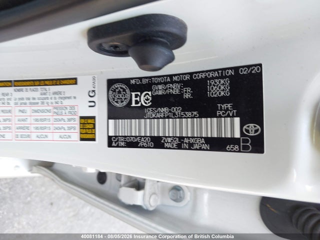 40081184 :رقم المزاد ، JTDKARFP1L3153875 vin ، 2020 Toyota Prius Prime Le/xle/limited مزاد بيع
