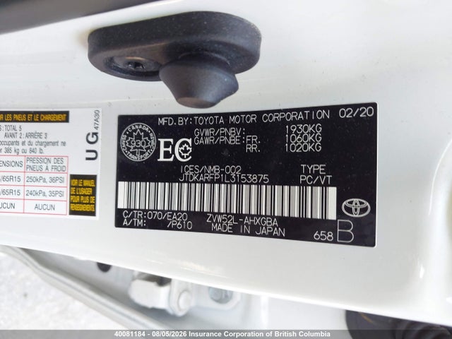 40081184 :رقم المزاد ، JTDKARFP1L3153875 vin ، 2020 Toyota Prius Prime Le/xle/limited مزاد بيع
