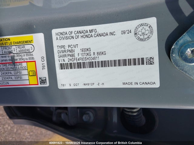 Продажа на аукционе авто 2025 Honda Civic, vin: 2HGFE4F80SH004811, номер лота: 40091823
