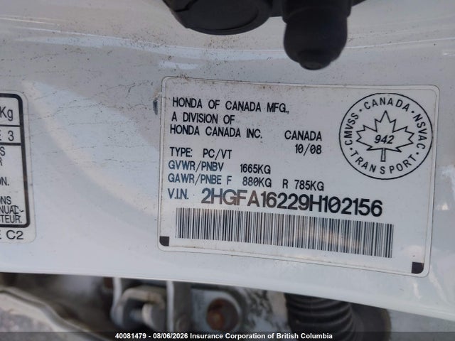 40081479 :رقم المزاد ، 2HGFA16229H102156 vin ، 2009 Honda Civic Dx مزاد بيع