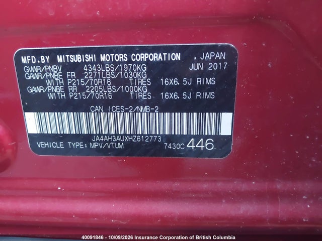 Продажа на аукционе авто 2017 Mitsubishi Rvr, vin: JA4AH3AUXHZ612773, номер лота: 40091846