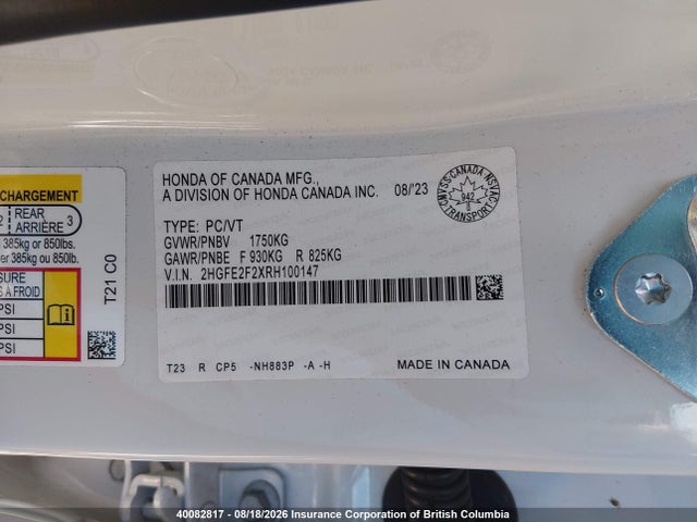 40082817 :رقم المزاد ، 2HGFE2F2XRH100147 vin ، 2024 Honda Civic Lx مزاد بيع