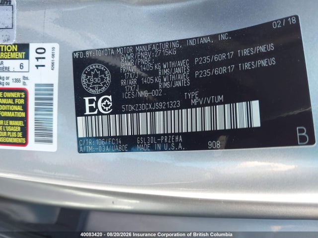 2018 Toyota Sienna Le მანქანა იყიდება აუქციონზე, vin: 5TDKZ3DCXJS921323, აუქციონის ნომერი: 40083420