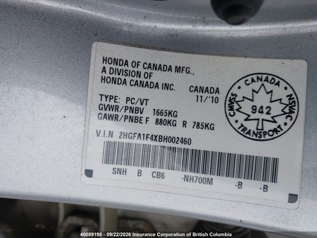 40089198 :رقم المزاد ، 2HGFA1F4XBH002460 vin ، 2011 Honda Civic Dx-g مزاد بيع