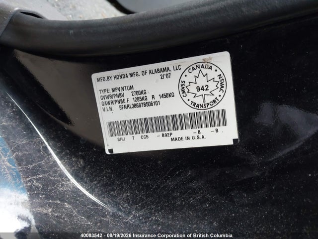 Продаж на аукціоні авто 2007 Honda Odyssey Exl, vin: 5FNRL38687B506101, номер лоту: 40083542