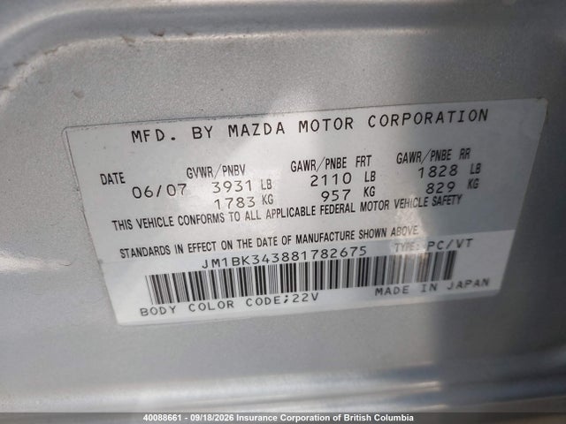 40088661 :رقم المزاد ، JM1BK343881782675 vin ، 2008 Mazda 3 Hatchback مزاد بيع