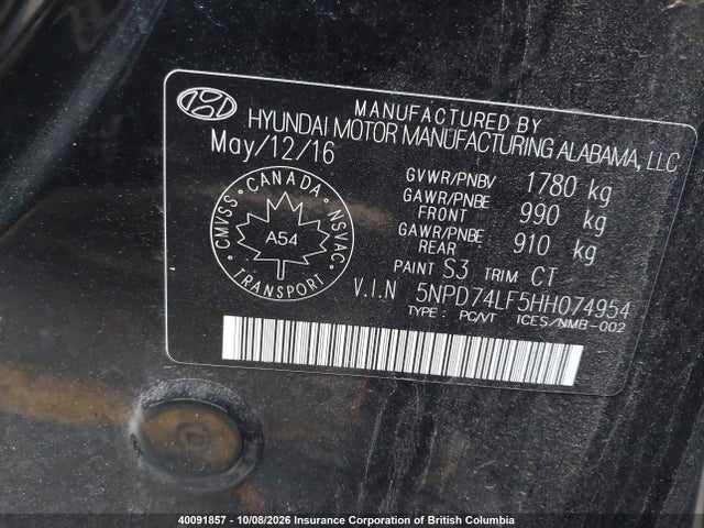 5NPD74LF5HH074954 Hyundai ELANTRA SE