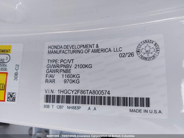 Продажа на аукционе авто 2026 Honda Accord Touring Hybrid, vin: 1HGCY2F86TA800574, номер лота: 40091858