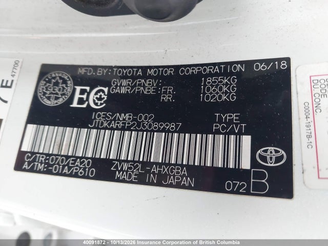 Продаж на аукціоні авто 2018 Toyota Prius, vin: JTDKARFP2J3089987, номер лоту: 40091872