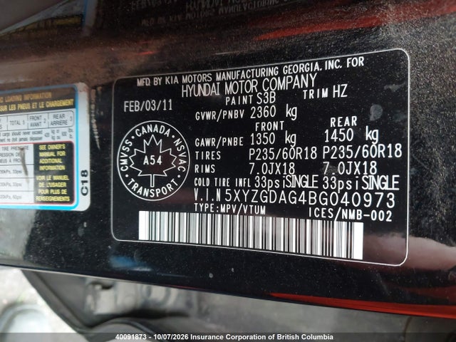 2011 Hyundai Santa Fe Gls მანქანა იყიდება აუქციონზე, vin: 5XYZGDAG4BG040973, აუქციონის ნომერი: 40091873