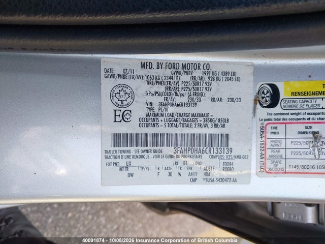 40091874 :رقم المزاد ، 3FAHP0HA6CR133139 vin ، 2012 Ford Fusion Se مزاد بيع