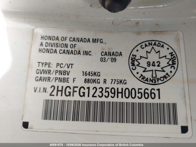 Aukcja sprzedaży 2009 Honda Civic, vin: 2HGFG12359H005661, numer aukcji: 40091878
