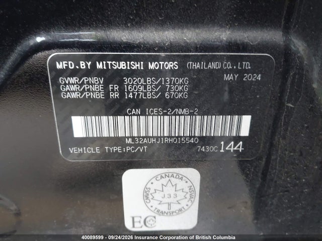Aukcja sprzedaży 2024 Mitsubishi Mirage Es/le, vin: ML32AUHJ1RH015540, numer aukcji: 40089599