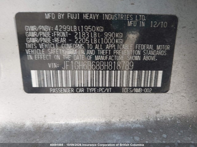 40091885 :رقم المزاد ، JF1GH6B68BH818789 vin ، 2011 Subaru Impreza 2.5i Premium مزاد بيع