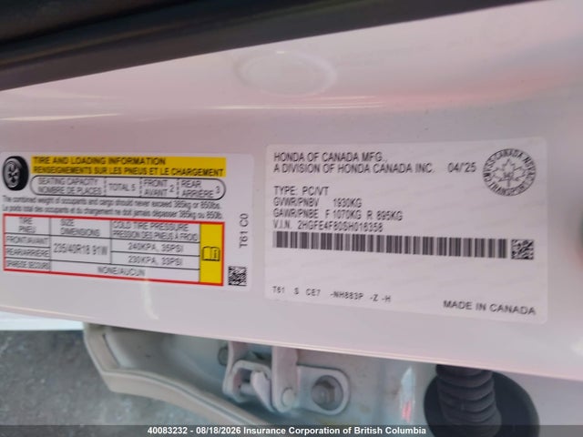 Aukcja sprzedaży 2025 Honda Civic Sport/sport Touring, vin: 2HGFE4F80SH016358, numer aukcji: 40083232