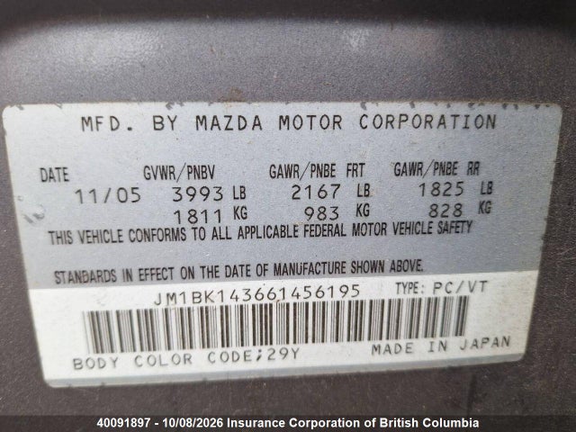 Продажа на аукционе авто 2006 Mazda 3 Hatchback, vin: JM1BK143661456195, номер лота: 40091897