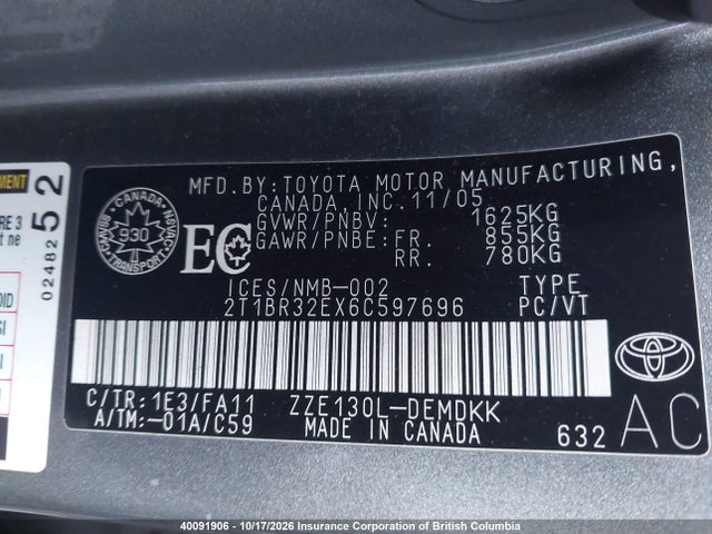 Продажа на аукционе авто 2006 Toyota Corolla Ce/le/s, vin: 2T1BR32EX6C597696, номер лота: 40091906
