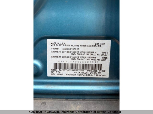 40091909 :رقم المزاد ، 4A4AJ4AU5DE602937 vin ، 2013 Mitsubishi Rvr مزاد بيع