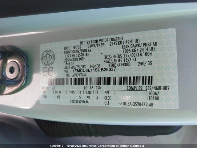 Продажа на аукционе авто 2025 Ford Escape, vin: 1FMCU0E11SUB26037, номер лота: 40091912