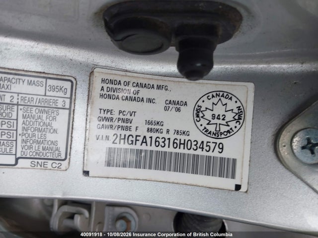 40091918 :رقم المزاد ، 2HGFA16316H034579 vin ، 2006 Honda Civic مزاد بيع