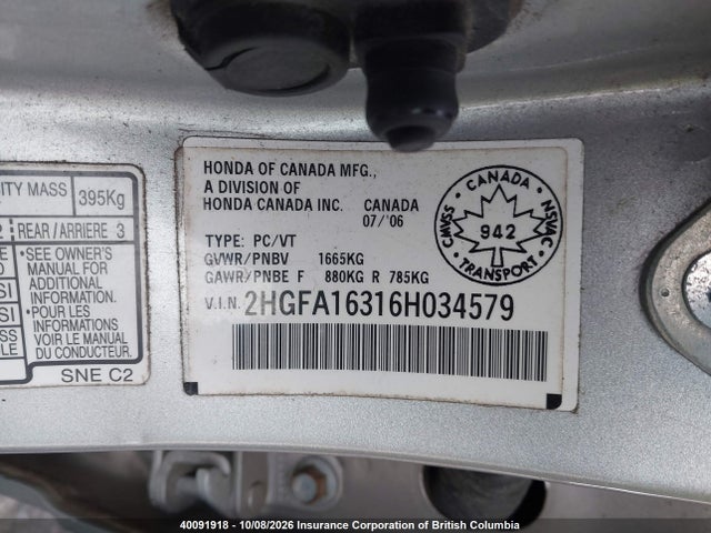 40091918 :رقم المزاد ، 2HGFA16316H034579 vin ، 2006 Honda Civic مزاد بيع