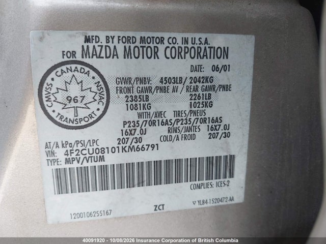 Продажа на аукционе авто 2001 Mazda Tribute Lx/es, vin: 4F2CU08101KM66791, номер лота: 40091920