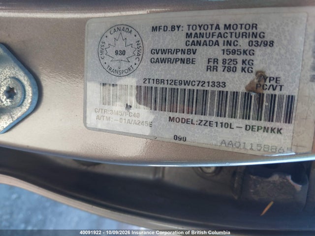 Продажа на аукционе авто 1998 Toyota Corolla Ve/ce/le, vin: 2T1BR12E9WC721333, номер лота: 40091922