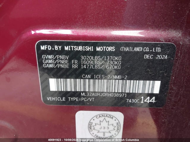 Aukcja sprzedaży 2024 Mitsubishi Mirage Es, vin: ML32AUHJ0RH038971, numer aukcji: 40091923