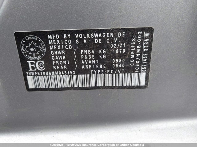 40091924 :رقم المزاد ، 3VWE57BU6MM045153 vin ، 2021 Volkswagen Jetta مزاد بيع