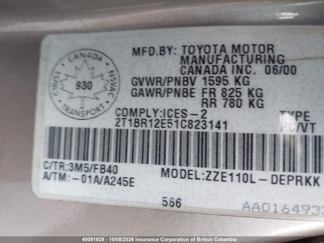Aukcja sprzedaży 2001 Toyota Corolla Ce/le/s, vin: 2T1BR12E51C823141, numer aukcji: 40091929