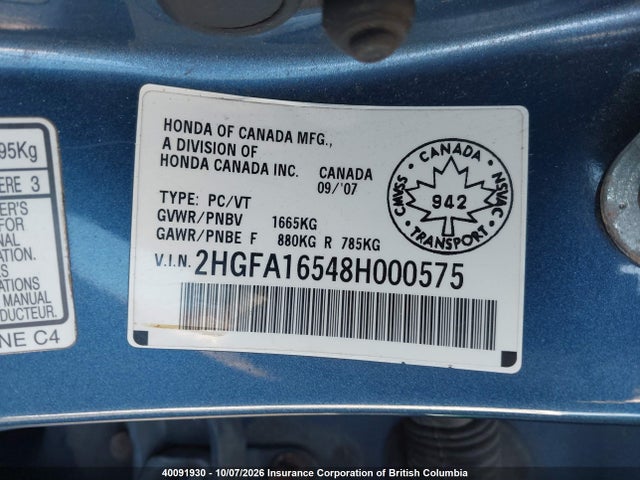 Aukcja sprzedaży 2008 Honda Civic, vin: 2HGFA16548H000575, numer aukcji: 40091930