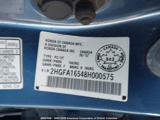 Aukcja sprzedaży 2008 Honda Civic, vin: 2HGFA16548H000575, numer aukcji: 40091930