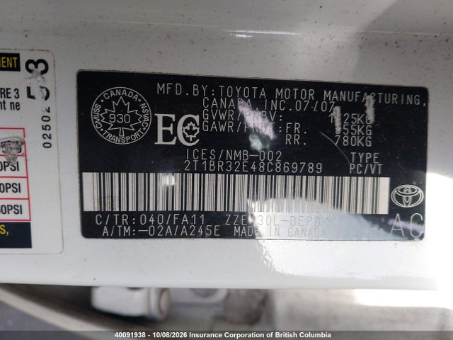 Aukcja sprzedaży 2008 Toyota Corolla Ce/le/s, vin: 2T1BR32E48C869789, numer aukcji: 40091938
