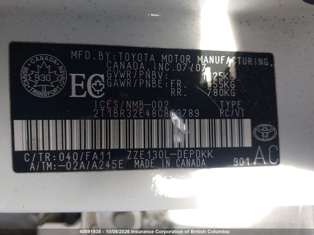 Aukcja sprzedaży 2008 Toyota Corolla Ce/le/s, vin: 2T1BR32E48C869789, numer aukcji: 40091938