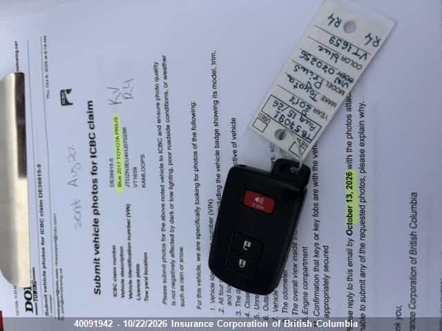 Aukcja sprzedaży 2017 Toyota Prius, vin: JTDZN3EU4HJ070256, numer aukcji: 40091942
