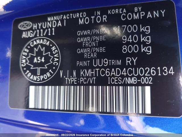 40089215 :رقم المزاد ، KMHTC6AD4CU026134 vin ، 2012 Hyundai Veloster مزاد بيع