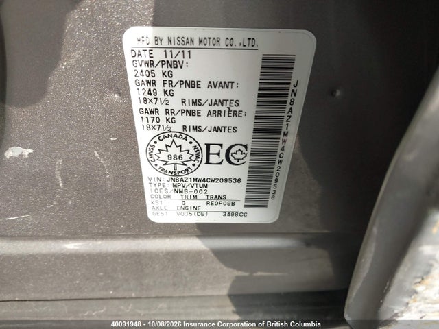 40091948 :رقم المزاد ، JN8AZ1MW4CW209536 vin ، 2012 Nissan Murano S/sl/le مزاد بيع