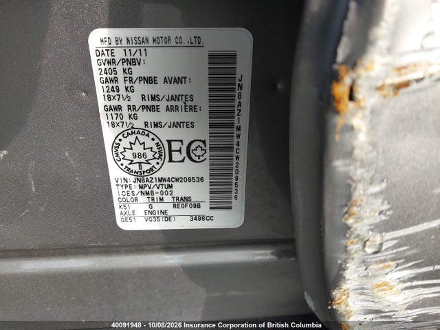 40091948 :رقم المزاد ، JN8AZ1MW4CW209536 vin ، 2012 Nissan Murano S/sl/le مزاد بيع