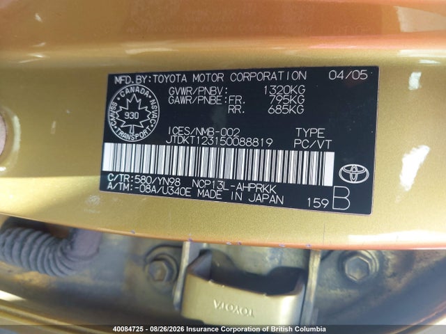40084725 :رقم المزاد ، JTDKT123150088819 vin ، 2005 Toyota Echo مزاد بيع