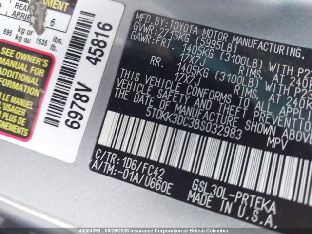 Aukcja sprzedaży 2011 Toyota Sienna Le, vin: 5TDKK3DC3BS032983, numer aukcji: 40084290