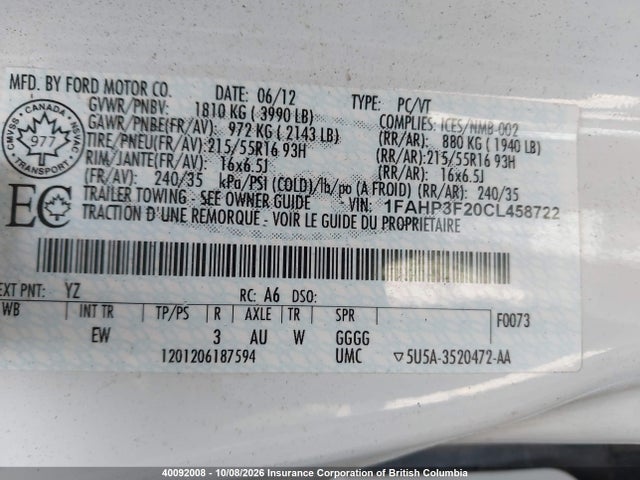Продажа на аукционе авто 2012 Ford Focus, vin: 1FAHP3F20CL458722, номер лота: 40092008