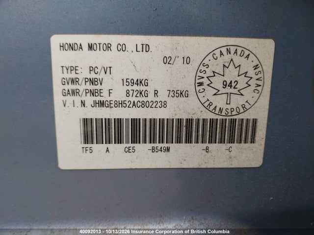 2010 Honda Fit მანქანა იყიდება აუქციონზე, vin: JHMGE8H52AC802238, აუქციონის ნომერი: 40092013