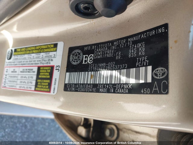 Aukcja sprzedaży 2011 Toyota Corolla S/le, vin: 2T1BU4EE2BC537373, numer aukcji: 40092014