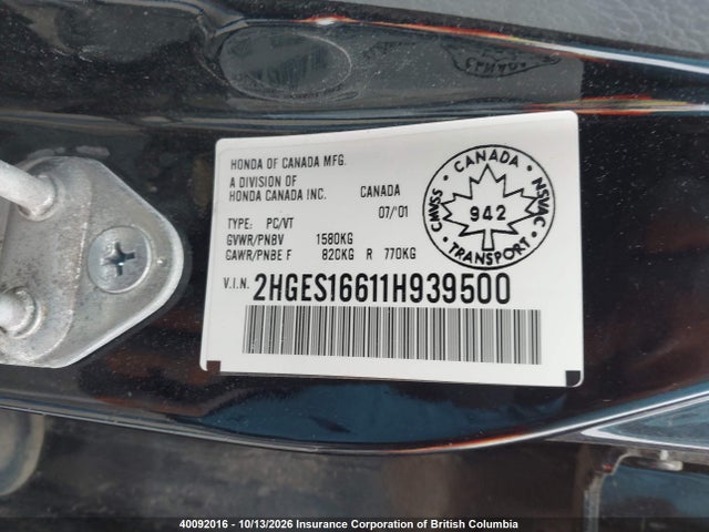40092016 :رقم المزاد ، 2HGES16611H939500 vin ، 2001 Honda Civic مزاد بيع