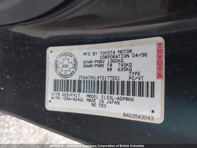 40092018 :رقم المزاد ، JT2AC56L8T0177001 vin ، 1996 Toyota Tercel Dx مزاد بيع