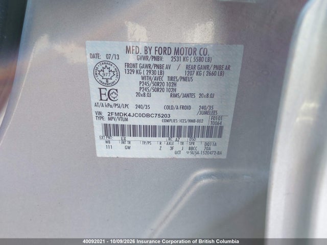Aukcja sprzedaży 2013 Ford Edge, vin: 2FMDK4JC0DBC75203, numer aukcji: 40092021