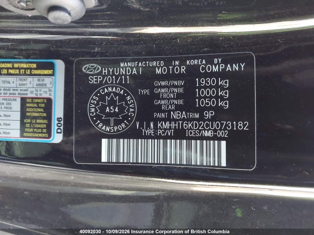 40092030 :رقم المزاد ، KMHHT6KD2CU073182 vin ، 2012 Hyundai Genesis Coupe 2.0t مزاد بيع