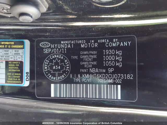 40092030 :رقم المزاد ، KMHHT6KD2CU073182 vin ، 2012 Hyundai Genesis Coupe 2.0t مزاد بيع